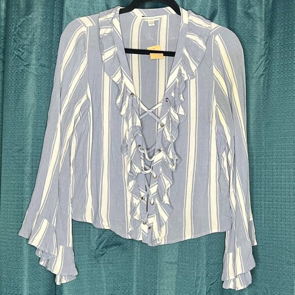American Eagle NEW Blue White Stripe Ruffle Lace Up Flare Sleeve Boho Y2K Top M - Picture 2 of 7